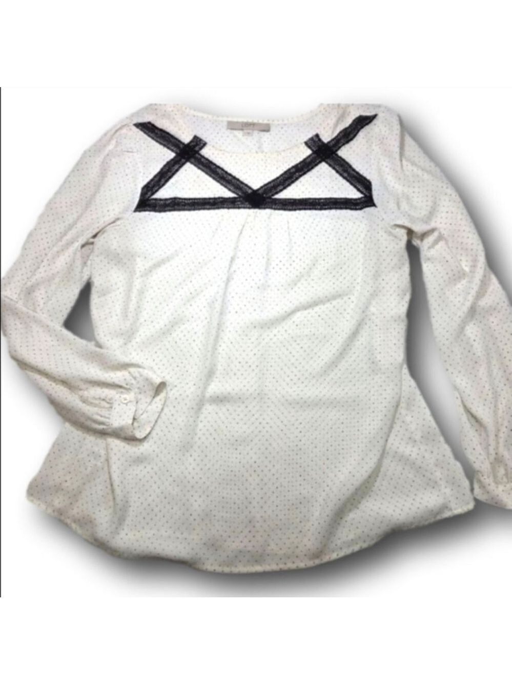 Women's Ann Taylor LOFT White Black Polka Dot Blouse L